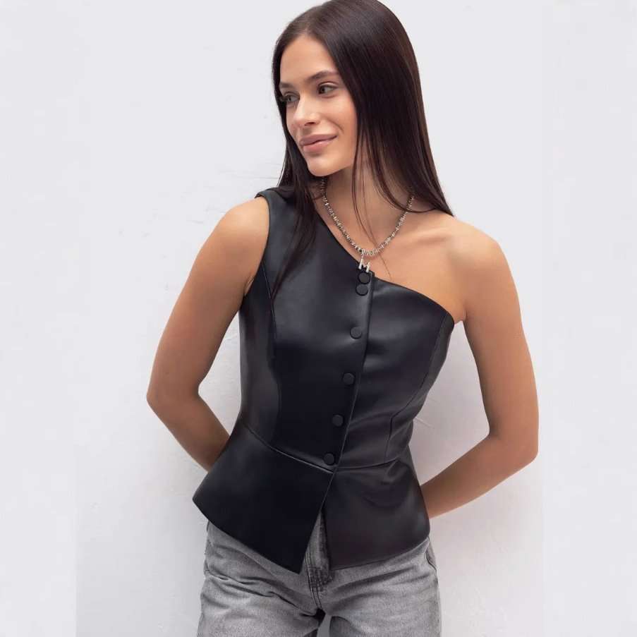 Asymmetrical Faux Leather Corset Top - M, Black image