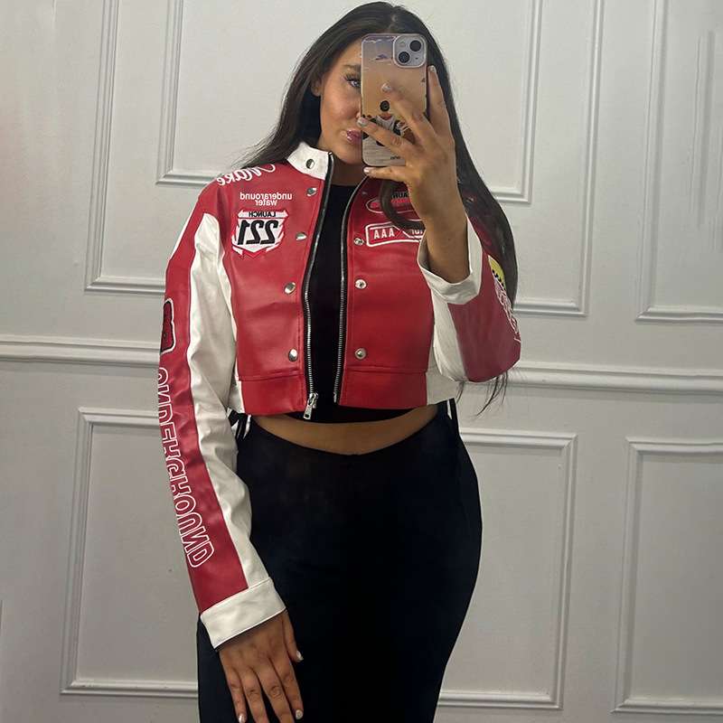 Colorblock High Neck Biker Jacket - M, Red image