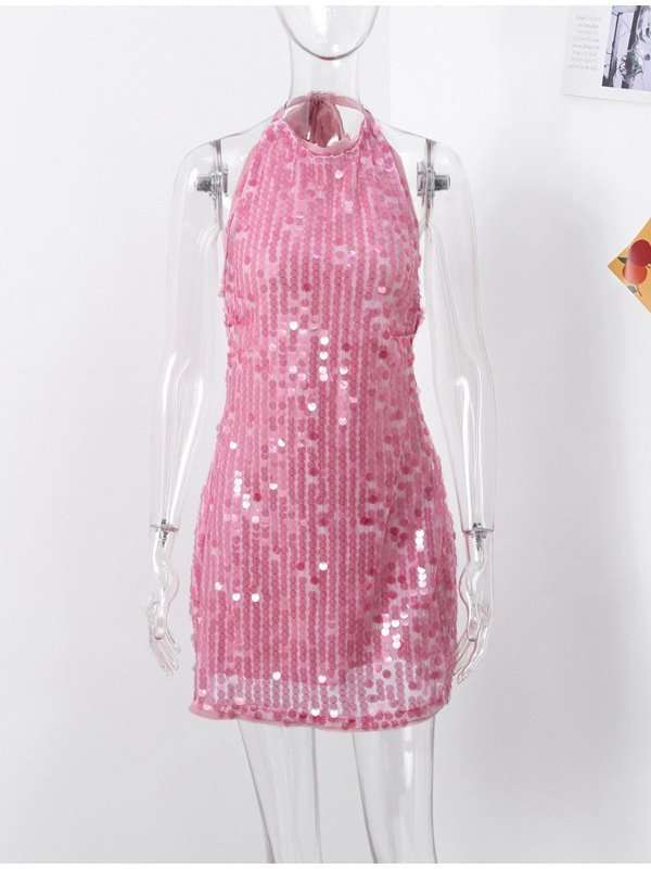 Pink Sequin Halter Mini Dress image 2