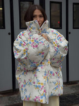 Floral Pattern Puffer Jacket with High Collar - S, White image