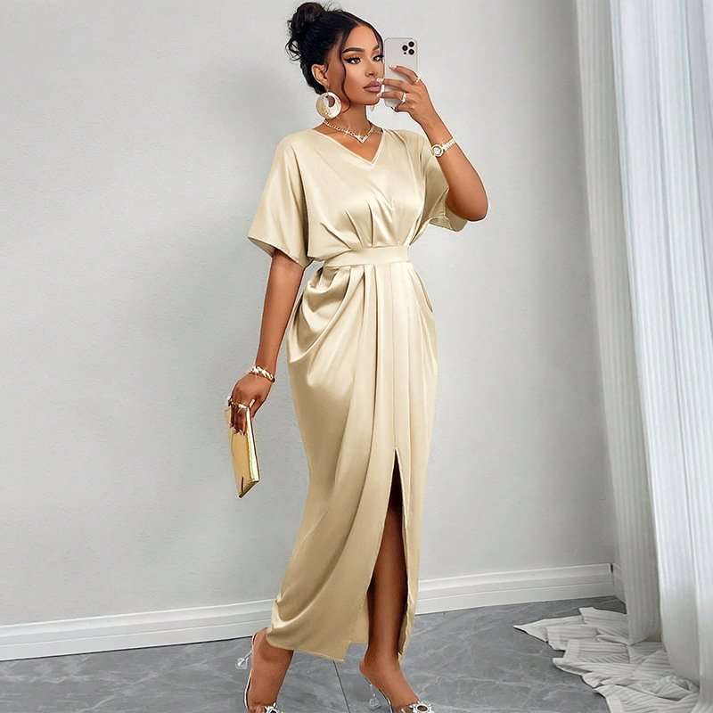 Elegant Drape Maxi Dress - S, Beige image