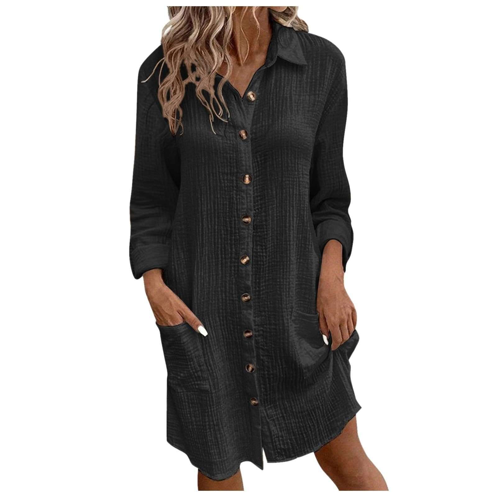 Button-Front Tunic Dress with Pockets - L, Black image