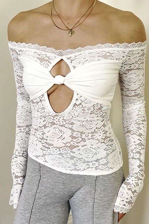 Lace Top with Bow and Cutout Detail - M, White image