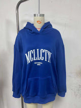 Text Printed Casual Long Sleeve Hoodie - S, Cobalt Blue image