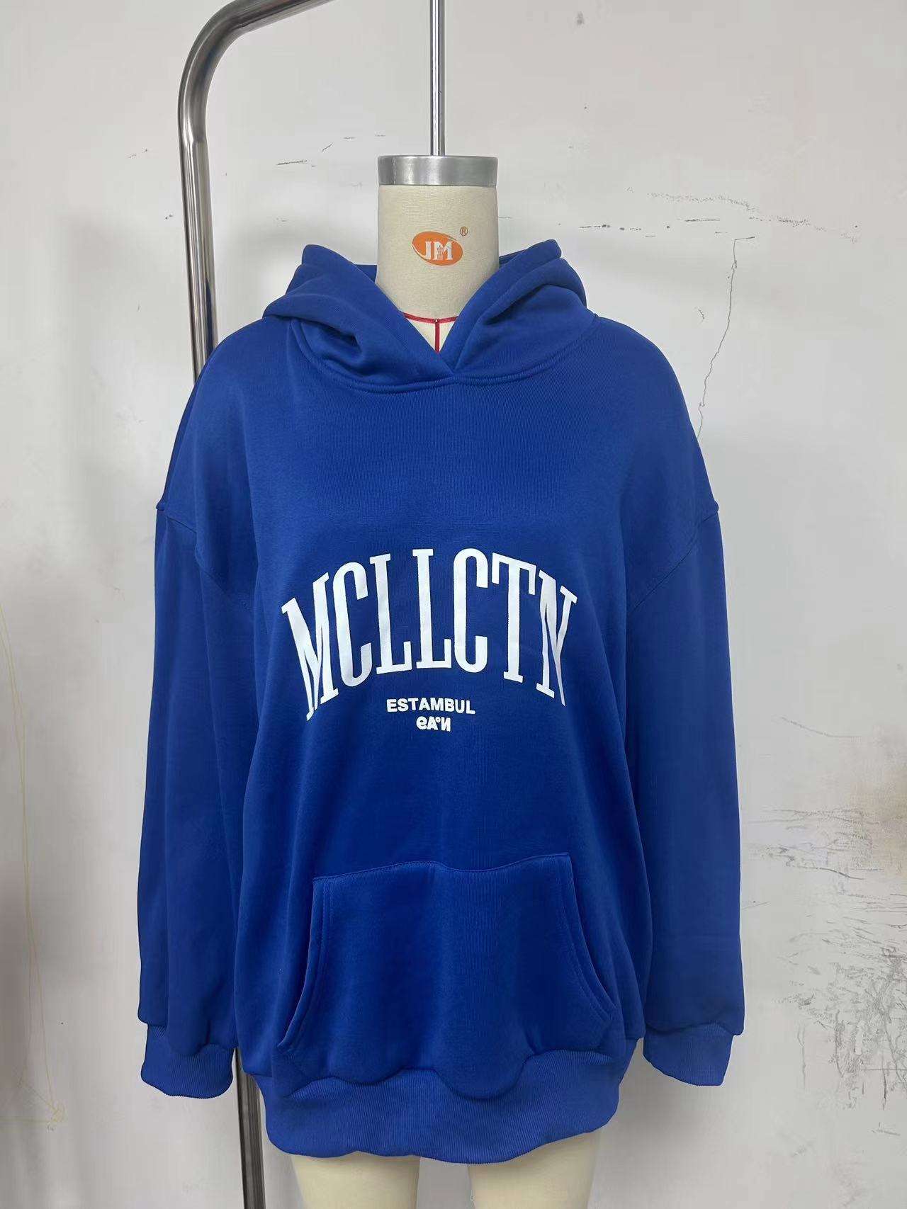 Text Printed Casual Long Sleeve Hoodie - S, Cobalt Blue image
