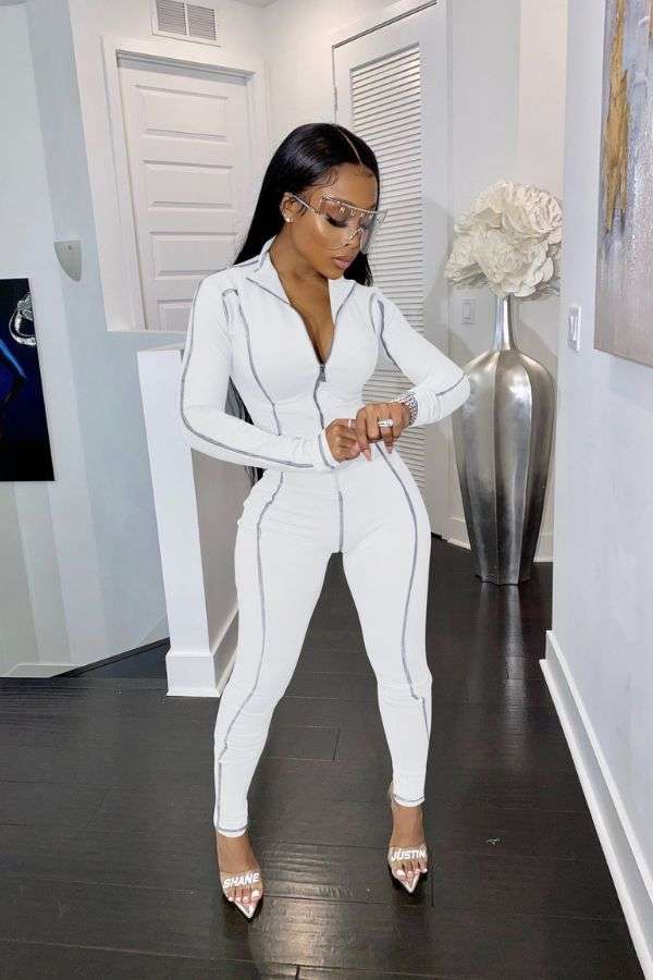 Long Sleeve Zipper Romper Jumpsuit - M, White image