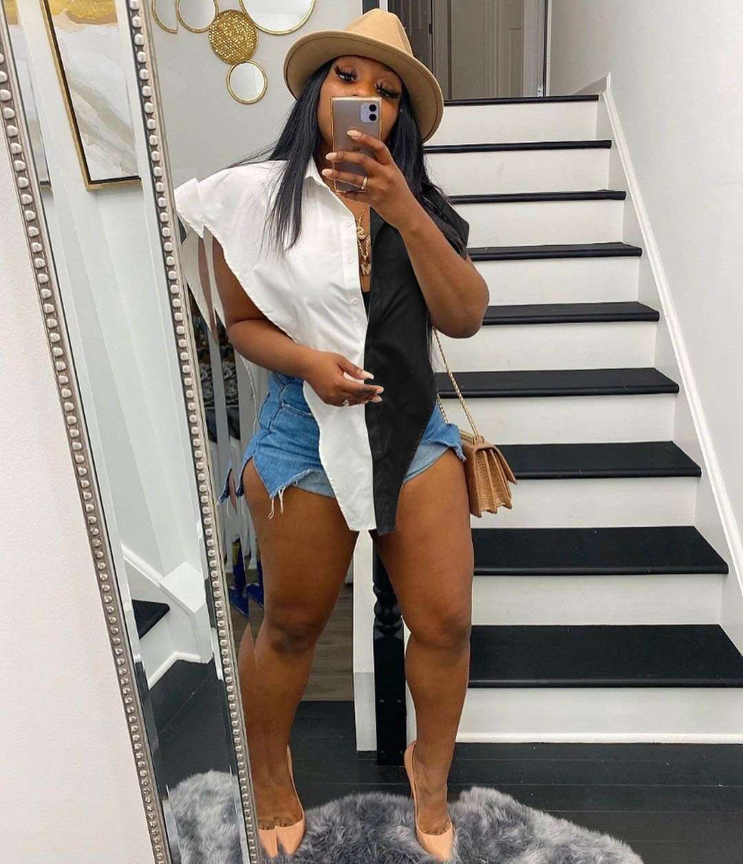 Asymmetrical Two-Tone Button-Up Shirt - L, White image