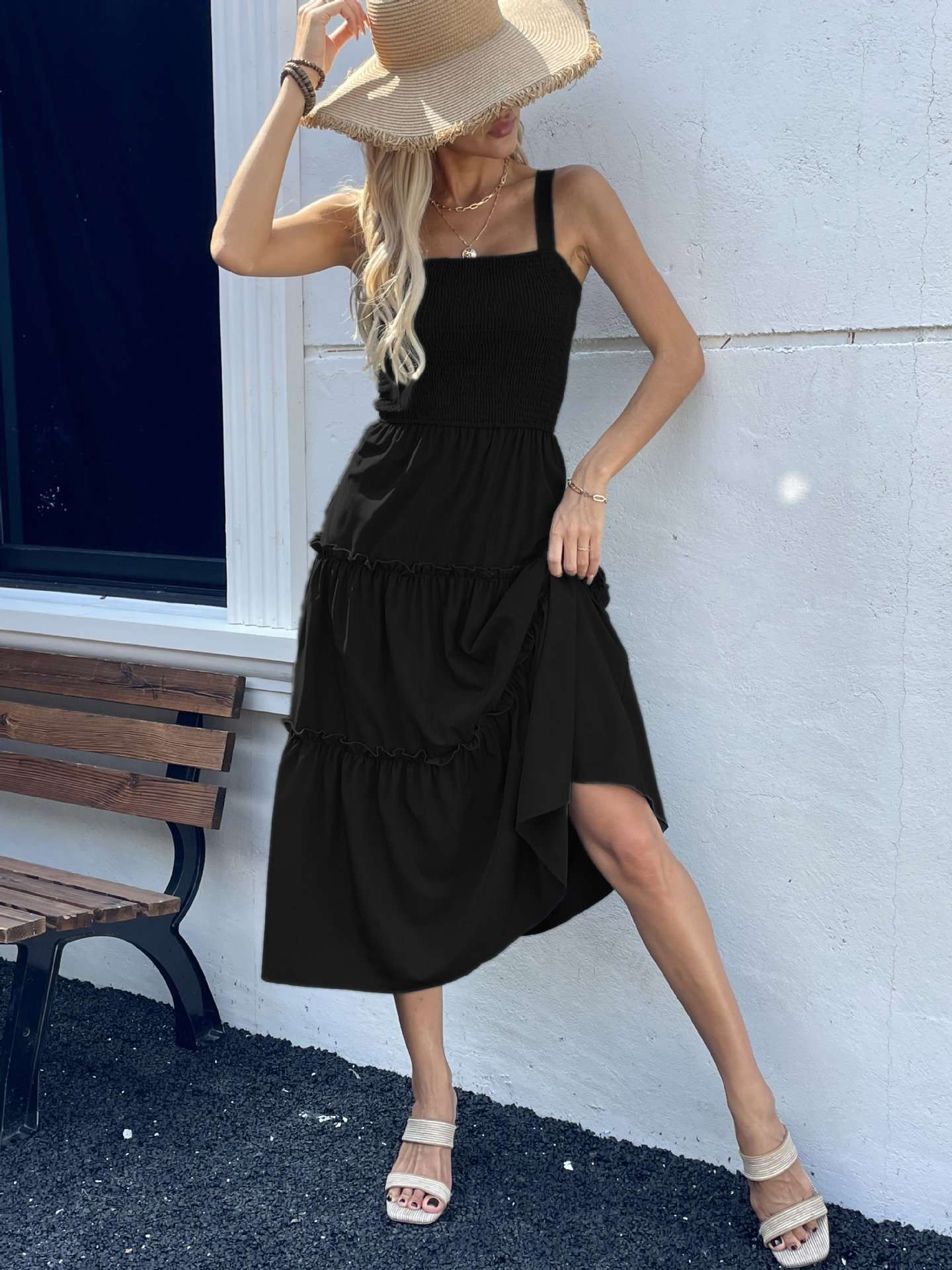 Smocked Maxi Dress with Ruffle Details - S, Black image