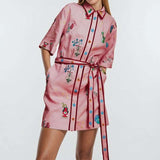 Button-Down Shirt Dress with Waist Tie - L, Ballerina Pink image