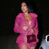 Fluff Lapel Coats Split Hem Skirt Set - L, Rose Pink image