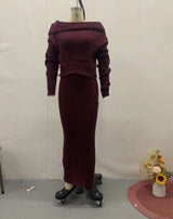 Off Shoulder Sweater Co-ords Maxi Skirt Set - XL, Wine Red image