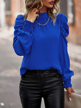 Mock Neck Puff Long Sleeve Casual Top - M, Persian Blue image