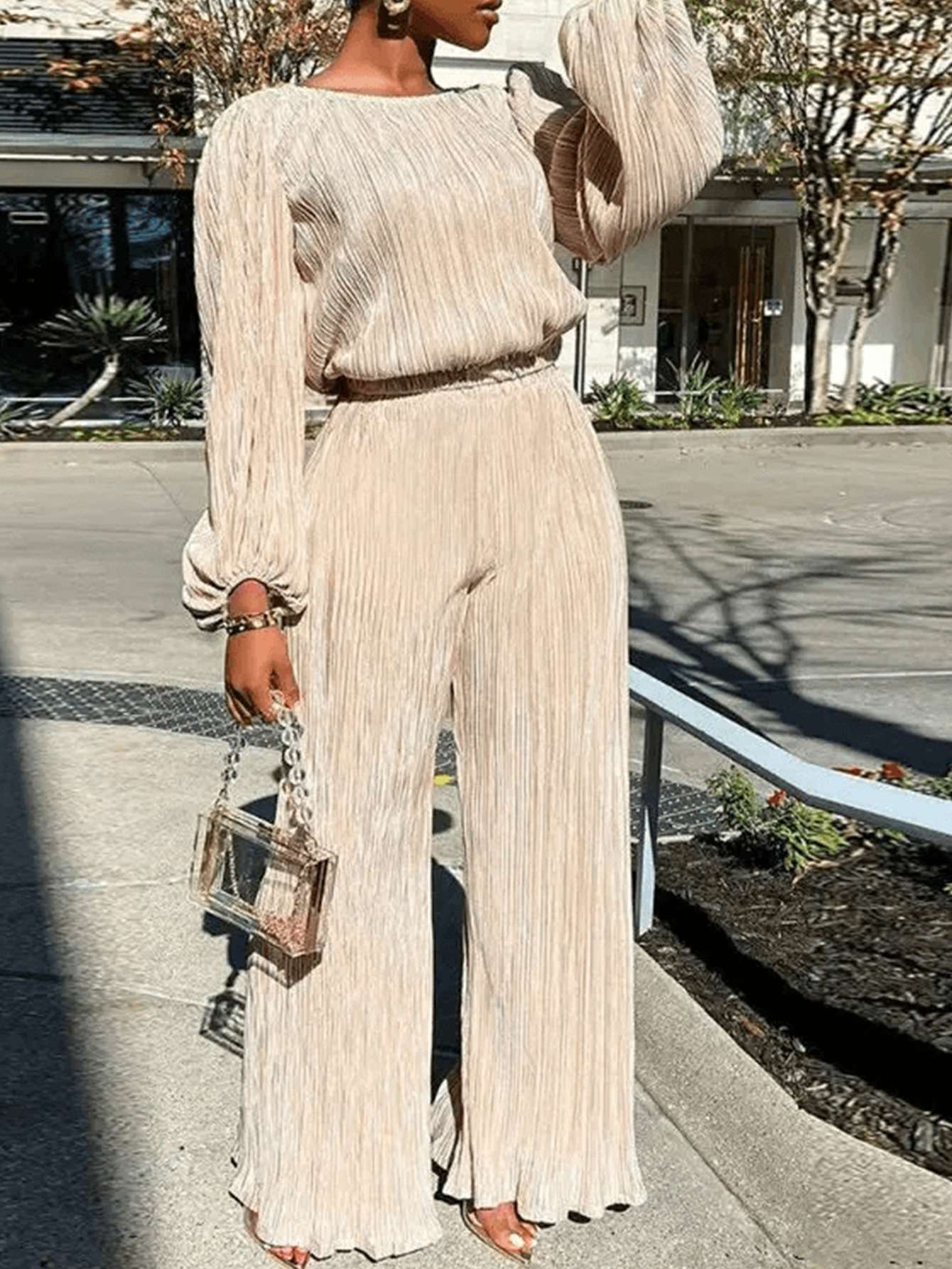 Elegant Long Sleeve Casual Top Pant Matching Set - S, Frosted Almond Brown image