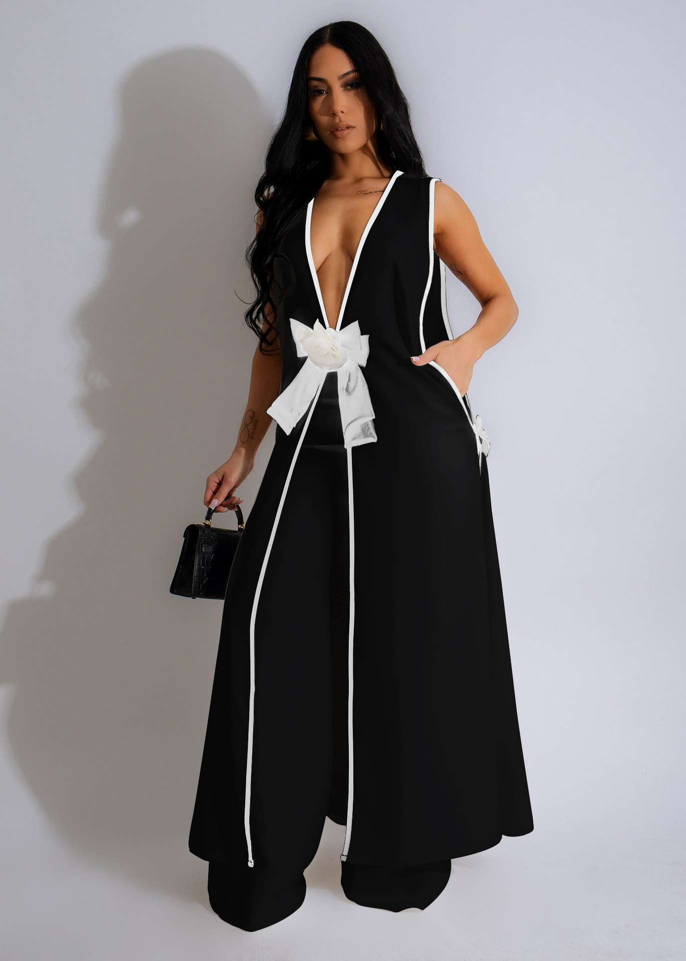 Contrast Trim Longline Coat and Wide Leg Pants Set - M, Black image