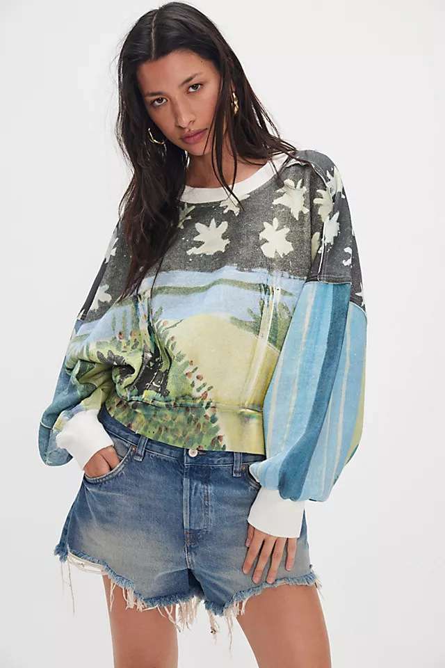 Artistic Print Sweatshirt with Balloon Sleeve Detail - L, Blue image