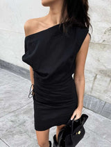 Black One-Shoulder Ruched Mini Dress image 3