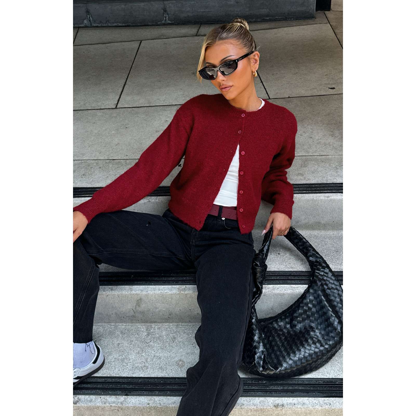 Button Down Cropped Cardigan Sweater - S, Maroon Brown image