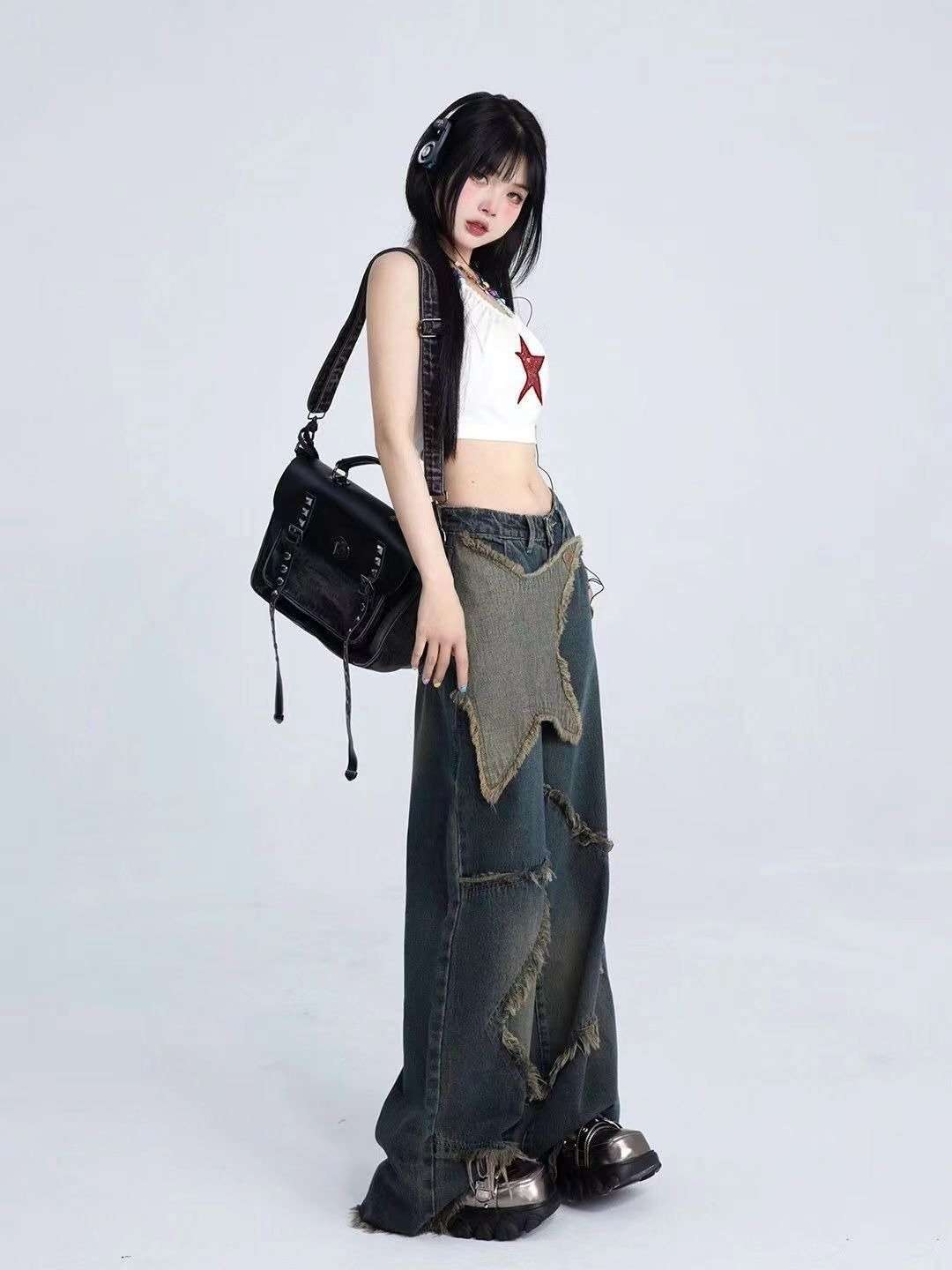 Ripped Wide-Leg Streetwear Jeans - M, Blue image