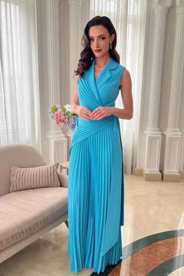 Pleated Sleeveless Jumpsuit - M, Blue image