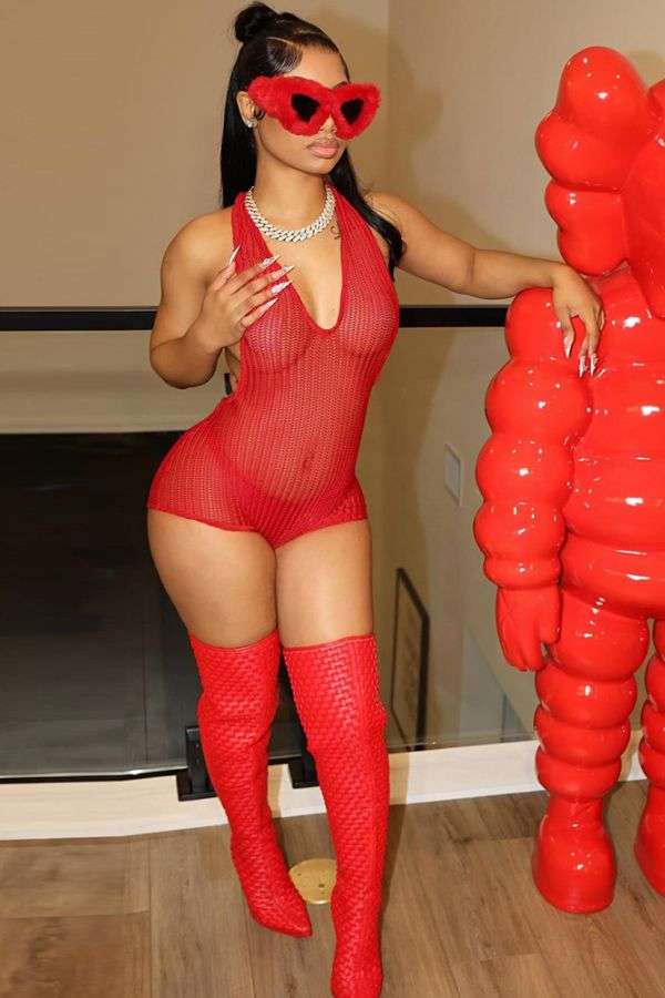 Sleeveless V-Neck Fishnet Bodysuit - S, Red image