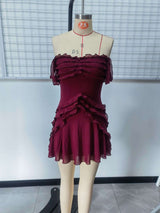 Ruffle Off-Shoulder Mini Dress - L, Wine Red image