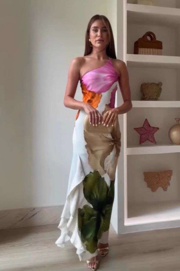 Artistic Floral-Print One-Shoulder Maxi Dress image 0