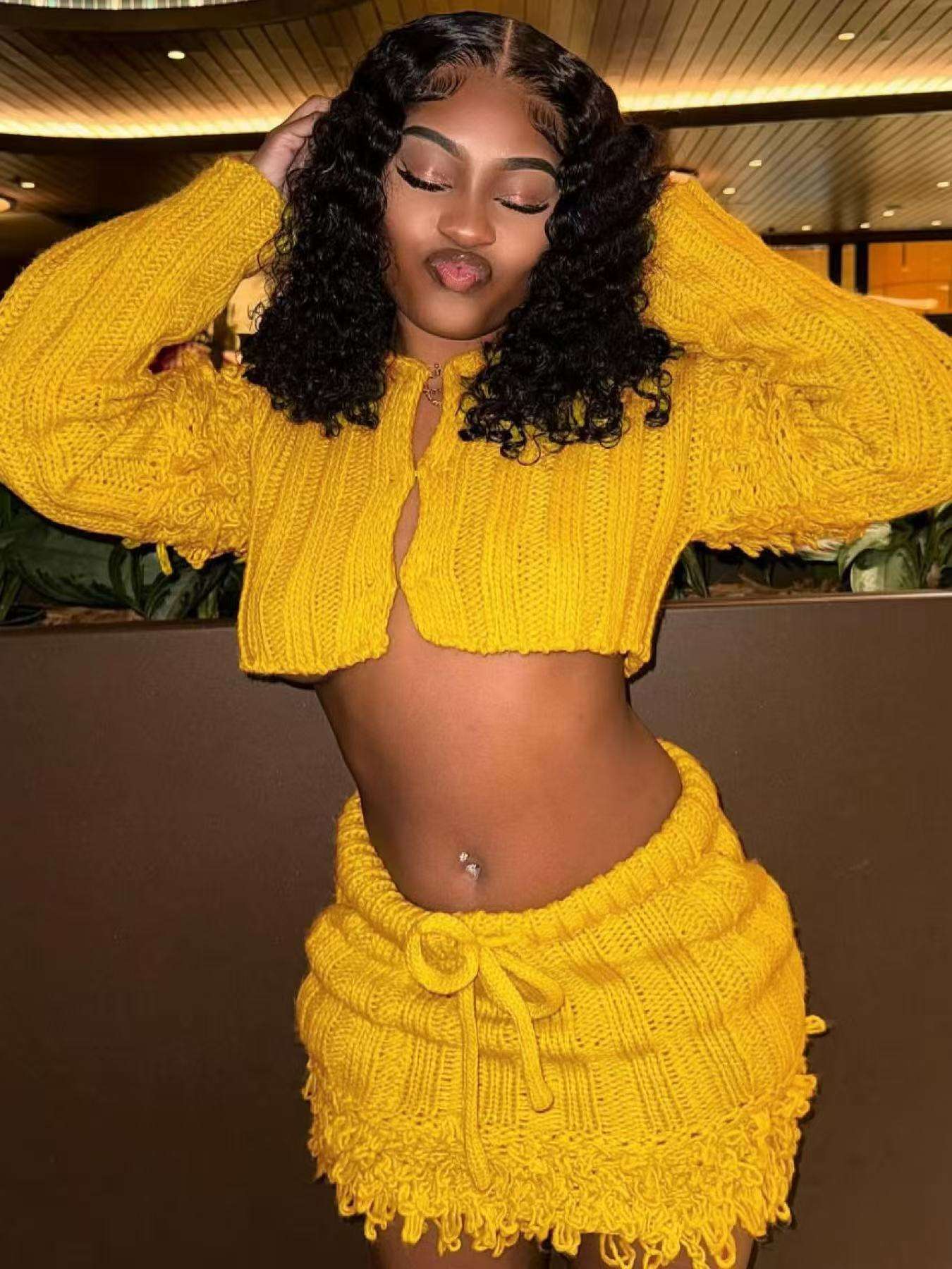 Yellow Cropped Set with Pleated Mini Skirt image 1