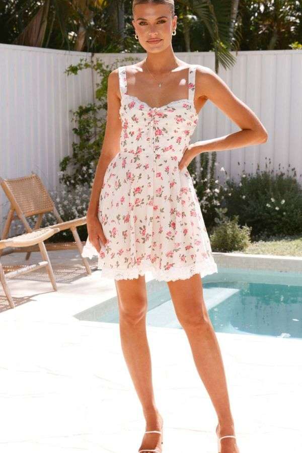 Lace-Trim Floral Mini Dress - M, Multi Beige image