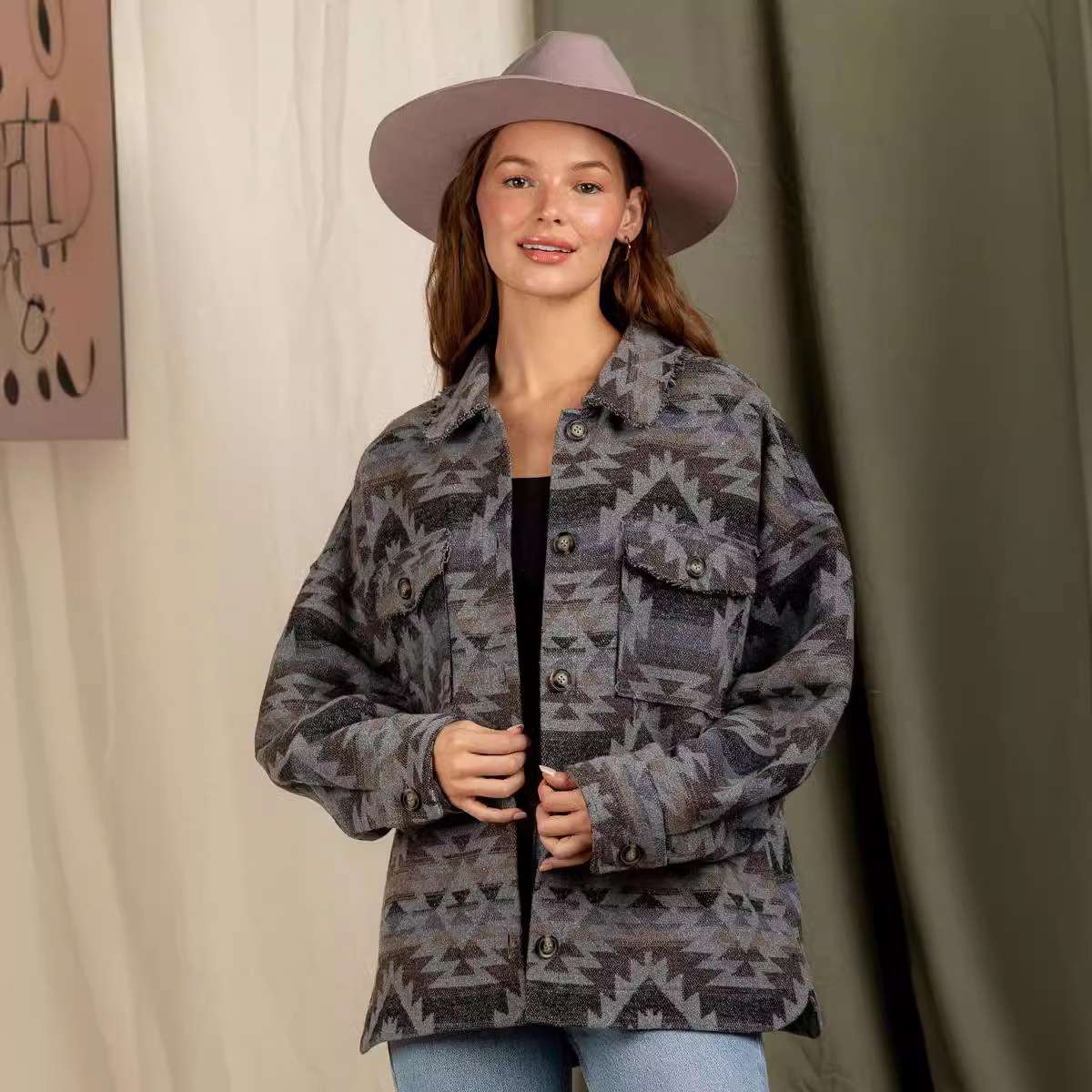 Vintage Inspired Shirt Jacket Coat - S, Multi Grey image