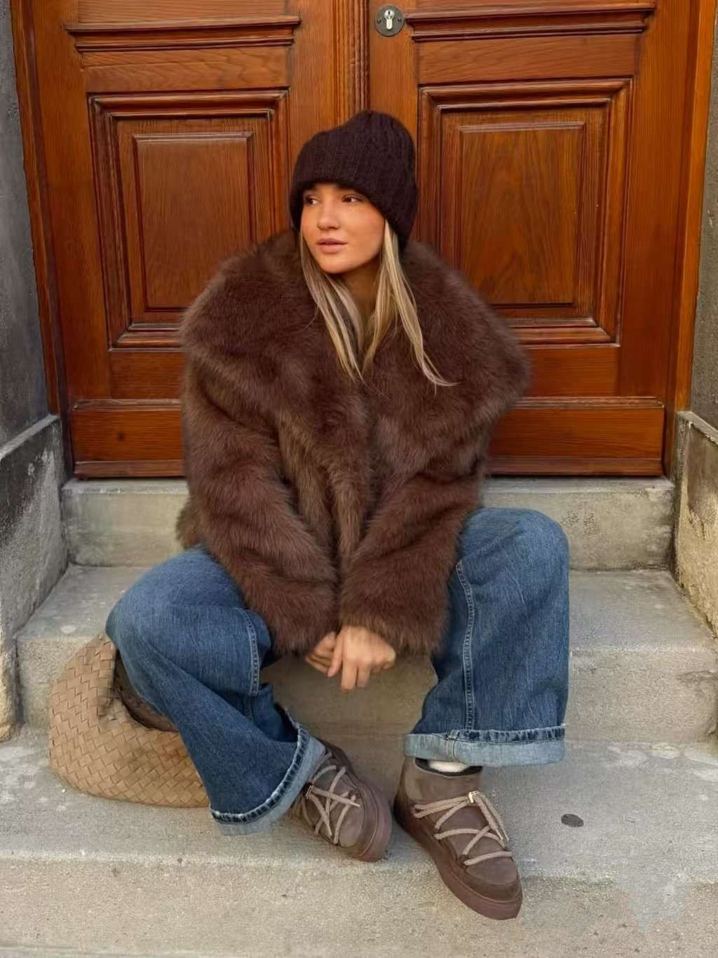 Faux Fur Coat with Oversized Collar - S, Brown image