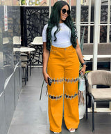 Bold Chain-Detail Wide-Leg Pants - S, Yellow image