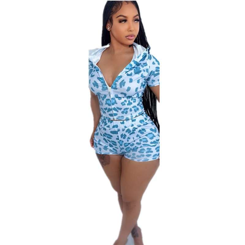 Leopard Print Hooded Shorts Set - L, Blue image