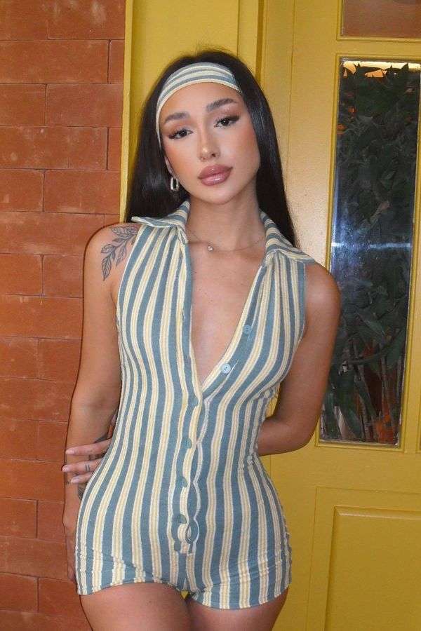 Striped Sleeveless Button-Front Romper - L, Blue image