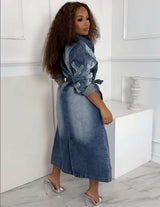 Embroidery Denim Long Coat Belted Outerwear image 2