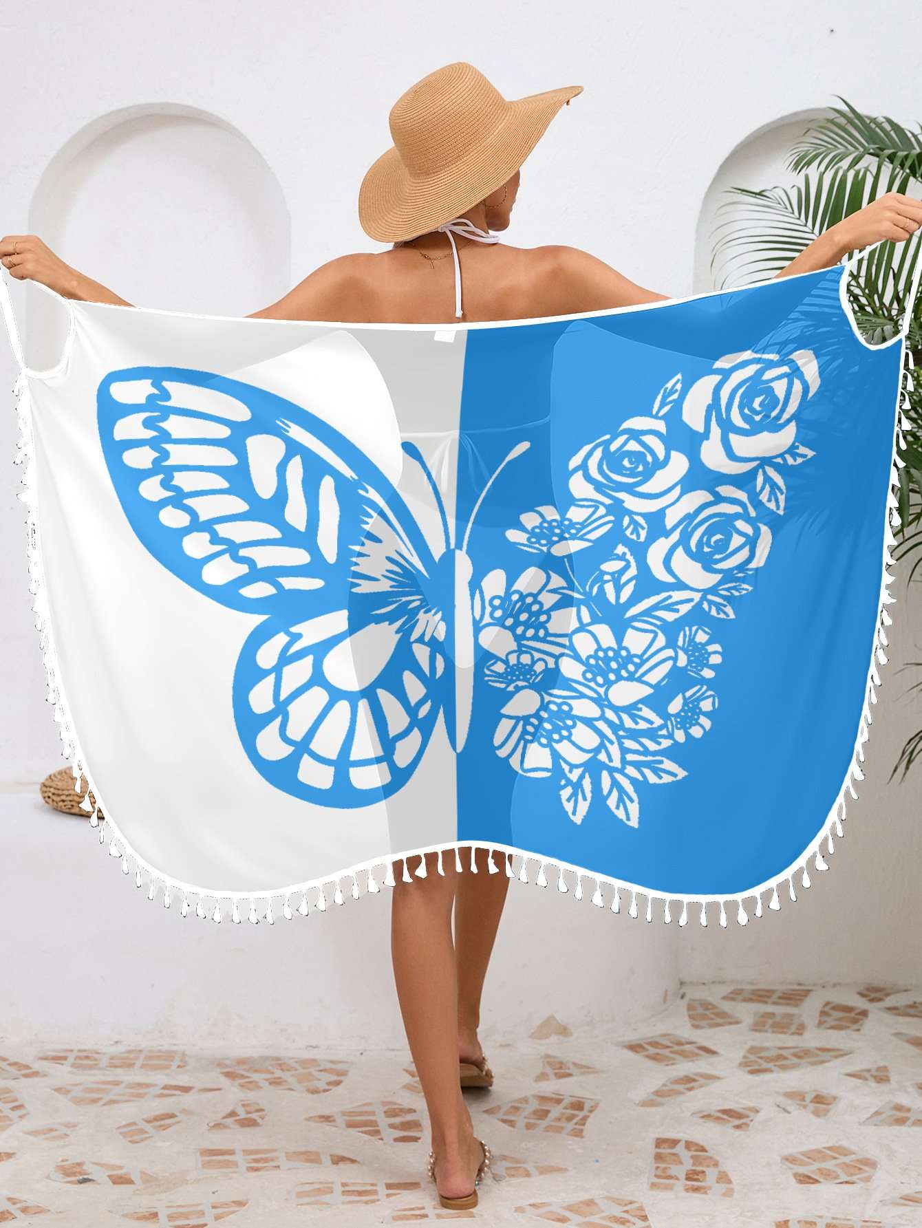 Print Sarong Wrap with Tassel Hem - M, Multi Blue image