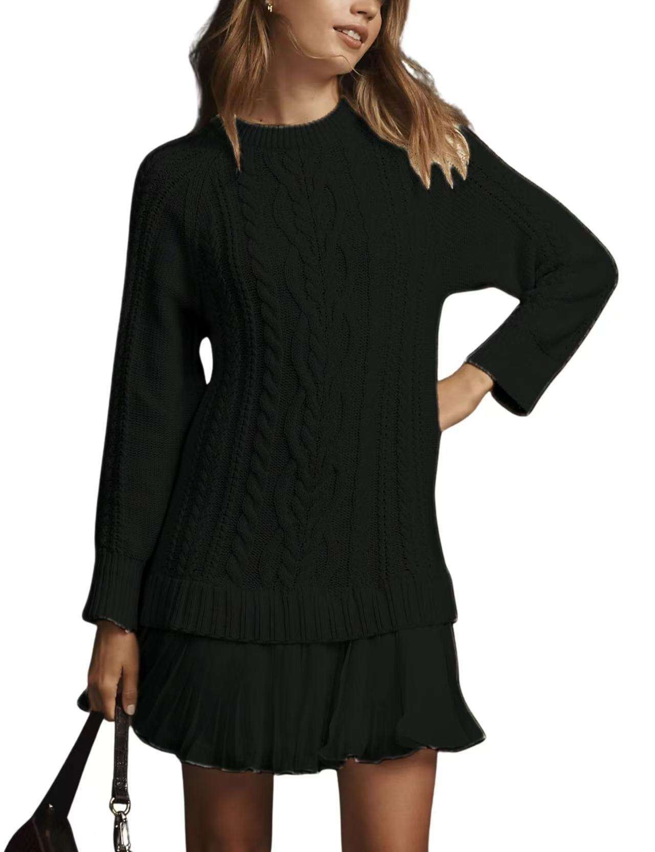 Cable Knit Sweater Dresswith Pleated Hem - S, Black image