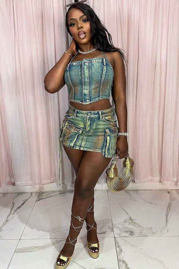 Sexy Off Shoulder Denim Crop Top Cargo Skirt Set image 0