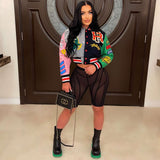 Button Up Printed Crop Bomber Jacket - S, Multi Grey image