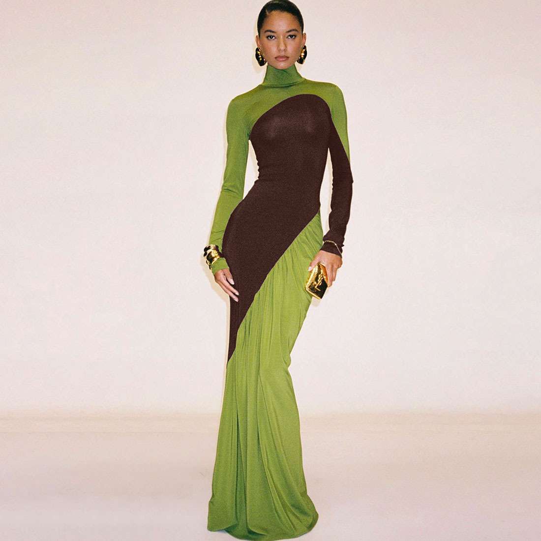 Color-Block Long Sleeve Maxi Dress - L, Green image