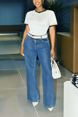 High-Waisted Pinstripe Wide-Leg Jeans - M, Denim Blue image