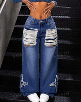 Distressed Wide Leg Jeans - L, Denim Blue image