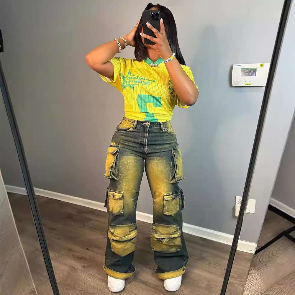 Tie Dye High Waisted Baggy Jeans - L, Multi Yellow image