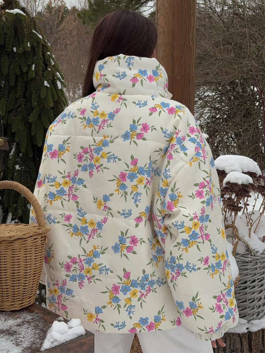 Floral Pattern Puffer Jacket with High Collar image 2