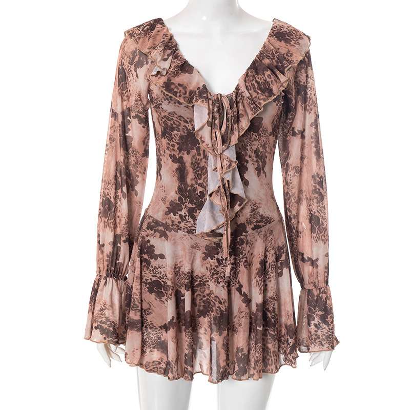 Tie-Dye Ruffle Lace-Up Long Sleeve Dress image 4
