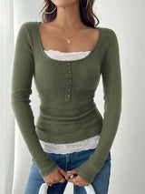 Ribbed Long Sleeve Button-Front Top - L, Green image