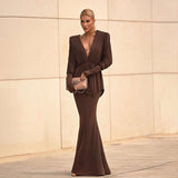 Deep V-Neck Top and Maxi skirt - M, Brown image