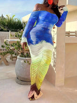 Off Shoulder Ruched Bodycon Maxi Dress - M, Multi Blue image