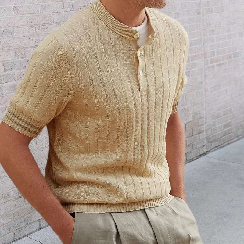 Ribbed Short-Sleeve Polo Shirt - L, Beige image