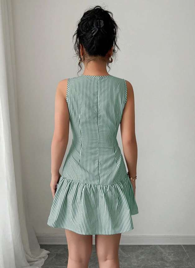 Striped Sleeveless Dress with Button Details image 5