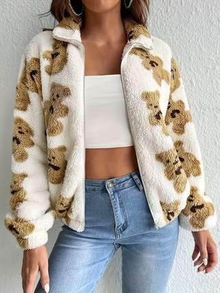 Cozy Teddy Bear Print Fleece Jacket image 2